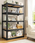 Five Tier Heavy Duty Metal Garage Shelving Unit With 1500 Pound Capacity Adjustable Storage Rack in living room with decor items