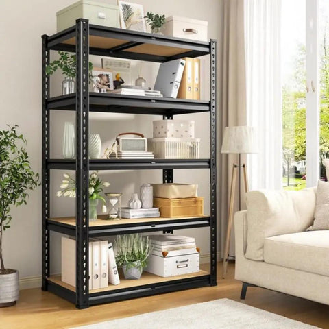 Beefy Five Tier Heavy Duty Metal Garage Shelving Unit With 1500 Lbs Capacity Adjustable Storage Rack in living room setting