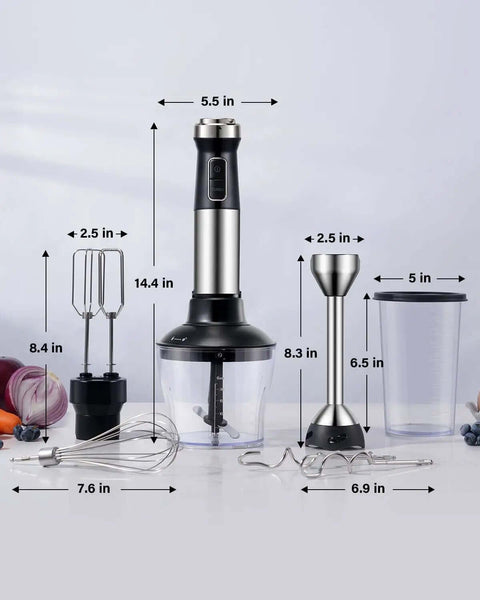 Heavy Duty 6 In 1 Immersion Blender With 1000W Copper Motor And 20 Speeds Powers Through Soups And Meats Silky Smooth In Seconds, dimensions of attachments shown.