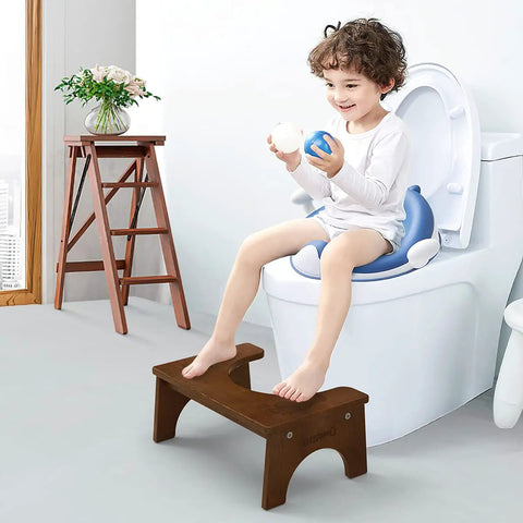 Child using Wooden Toilet Stool For Kids And Adults, Anti Slip Bamboo Potty Training Step Stool, 7 Inch Rise, on toilet