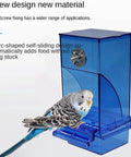 Dope Game Changer No Mess Bird Feeder For Cage With Auto Seed Guard And Hull Catch Trough For Parrots And Parakeets Super Clear Plastic Food Bowls Two Pack with blue feeding tray and parakeet