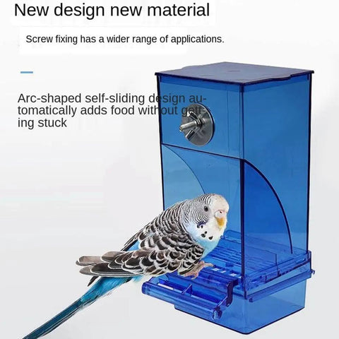 Dope Game Changer No Mess Bird Feeder For Cage With Auto Seed Guard And Hull Catch Trough For Parrots And Parakeets Super Clear Plastic Food Bowls Two Pack with blue feeding tray and parakeet