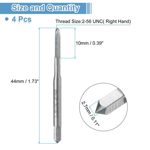 8 Piece Set Straight Flute Thread Taps for 2 56 UNC Right Hand Threading showing 10mm thread length and dimensions