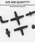 Irrigation barbed fittings kit, black 1/4-inch, top view showing tees, elbows, cross fittings, end plugs.