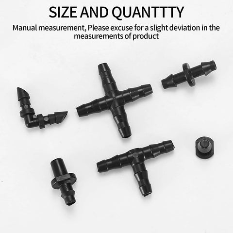 Irrigation barbed fittings kit, black 1/4-inch, top view showing tees, elbows, cross fittings, end plugs.