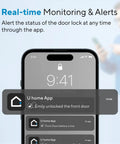 Smartphone screen showing U home app notifications for keyless smart lock with WiFi bridge fingerprint entry and codes app remote control.