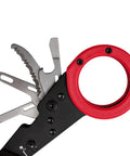 Close-up of ParaShears Lightweight Backcountry Stainless Steel Pro-Grade Multi-Tool with open tools, featuring red handle.