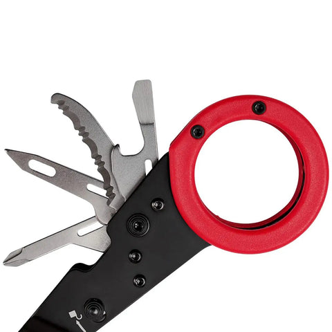 Close-up of ParaShears Lightweight Backcountry Stainless Steel Pro-Grade Multi-Tool with open tools, featuring red handle.