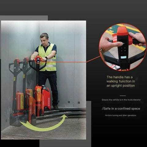 Super Heavy Duty Full Electric Pallet Jack With 3300 Lbs Capacity And Removable Lithium Battery For Tiny Warehouses And Indoor Handling Needs in use at a loading dock.