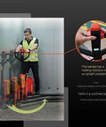 Full Electric Pallet Jack Delivering 3300 Lb Heavy Haul Muscle With Enduring Lithium Ion Battery Compact Walkie Forklift in use indoors.