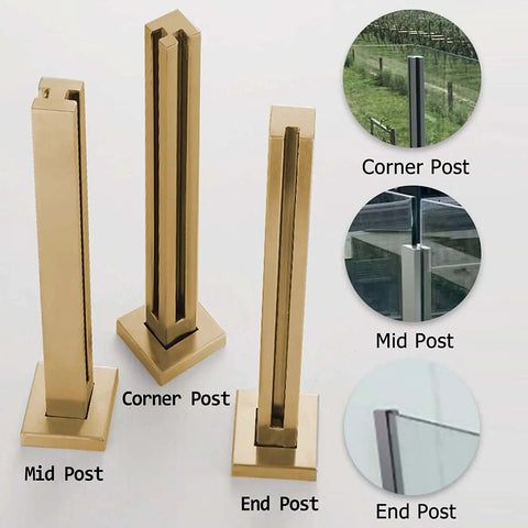Super Sleek Heavy Duty Glass Railing Assembly With Stainless Steel Posts and Clamping Hardware for 10 To 12mm Panels showing mid, corner, end posts.