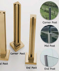 Kickass Heavy Duty Gold Staircase Glass Railing Post System with Square Stainless Steel Balusters and Clamps for Ten or Twelve Millimeter Glass display of Corner, Mid, and End posts.