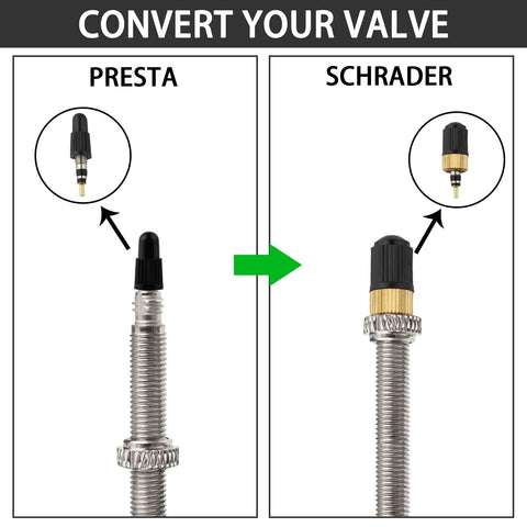 Image illustrating conversion using Must Have Tubeless Valve Kit For Road And MTB With Brass Presta Adapter And Core Remover Tool.