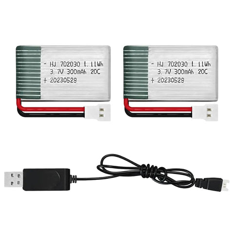 2 Pack 3.7V LiPo Battery 300mAh Rechargeable For RC Planes Helis Drones And All Toys With XH254 Connector Compact 33x20x6mm USB Charging Cable Included