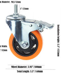 Side view of heavy-duty swivel caster wheel, 3-inch yellow PVC wheel, metal frame with brake, M12 stem