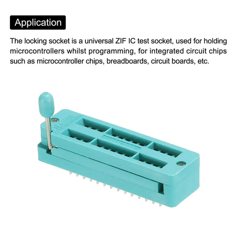 Universal ZIF IC Test Socket 28 Pin 2.54mm Pitch Narrow for Microcontrollers Chips Breadboards and Programming ICs shown upright