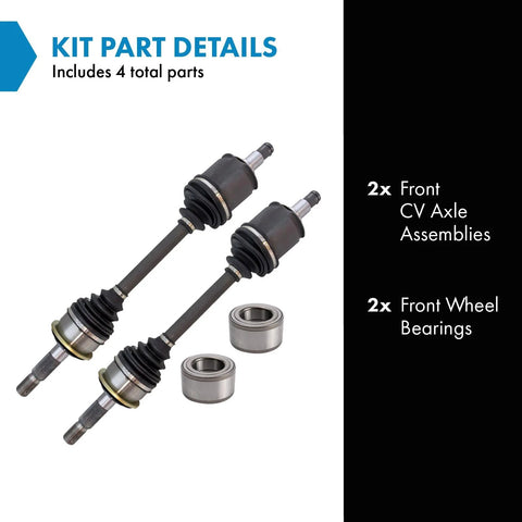 Front CV Axle Assemblies And Front Wheel Bearings Kit For 4x4 Toyota Tundra 2000-2006 And Sequoia 2001-2007 - 4 Piece Replacement Set Includes Two Front CV Axles And Two Front Wheel Bearings For Smooth Ride And DIY Video Guide Access. Includes image showing two CV axles and two wheel bearings.