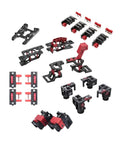 Upgrade Your Workspace With This Dope CNC Aluminum Alloy Frame Kit Designed To Keep Your 3D Printer Locked In For Slick Prints And Absolutely Smooth DIY Assembly. Detailed assembly components and fasteners in black and red.