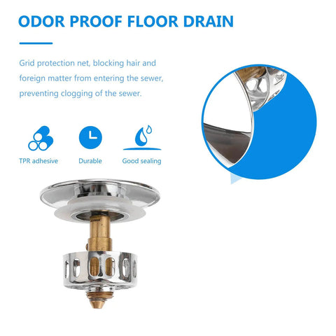 Copper Bathtub Drain Stopper, Slotted Push Button Waste Plug with a chrome finish and grid protection for hair blocking.