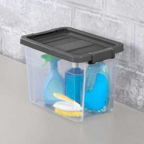 Modular Clear Box Stacker 30 Quart Storage System with gray lid, containing cleaning supplies, ideal for home or office use.