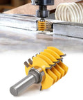 Professional Adjustable Finger Joint Router Bit With Half Inch Shank in use, cutting clean wood seams, carbide blades visible.