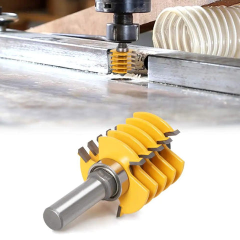 Professional Adjustable Finger Joint Router Bit With Half Inch Shank in use, cutting clean wood seams, carbide blades visible.