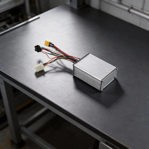 H5 Electric Scooter Controller 18A Mainboard With Aluminum Alloy Case on a workbench, showing wires and connectors