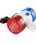 Top Shelf Daily Driver 12 And 24 Volt Automatic Bilge Sump Water Pump For RV Yacht Boat Trailer Applications 1100 Gph showing red and white design.