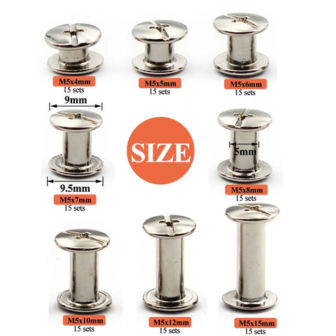 Assorted sizes of M5 metal rivets from the Rock Solid 120 Piece Chicago Binding Screw Kit, shown in clean silvery finish.
