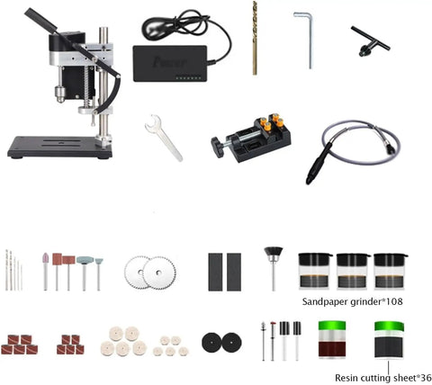 Mini Bench Drill Press With Seven Gear Variable Speed For Precise Drilling On Metal Wood Plastic And Acrylic and accessories.