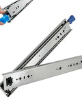 Heavy Duty Side Mount Drawer Slides Double Ball Steel Track Built Tough As Nails With Bidirectional Locking For Bedroom Drawers showcased with blue handles.