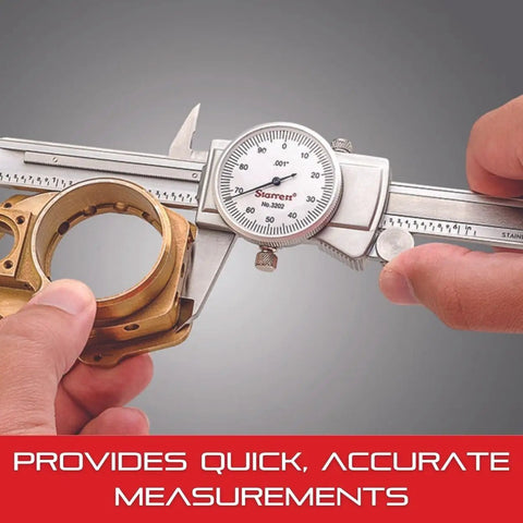 Person using Dial Caliper With Adjustable Bezel And Fitted Case White Face 0 To 6 Inch Range Pro Grade Precision 0.001 Inch Graduation And 0.001 Inch Accuracy Anti Backlash Knife Edge Contacts One Hand Use Thumb Operated Fine Adjustment.