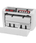 Portable Rechargeable Cash Counting Machine with UV and MG Counterfeit Detection; front view with open bill tray.
