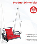 Red Wicker Porch Swing Chair For One With Cushioned Seat and Back, dimensions and weight capacity shown, reinforced metal frame