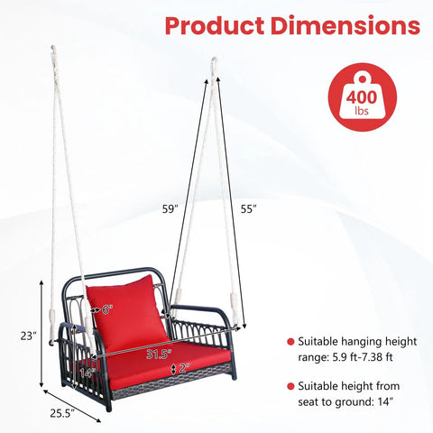 Red Wicker Porch Swing Chair For One With Cushioned Seat and Back, dimensions and weight capacity shown, reinforced metal frame