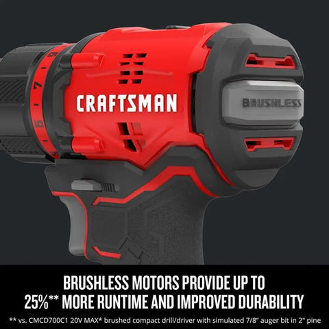 Close-up of V20 Max Cordless Drill And Impact Driver Combo Kit in red showing brushless motor detail.
