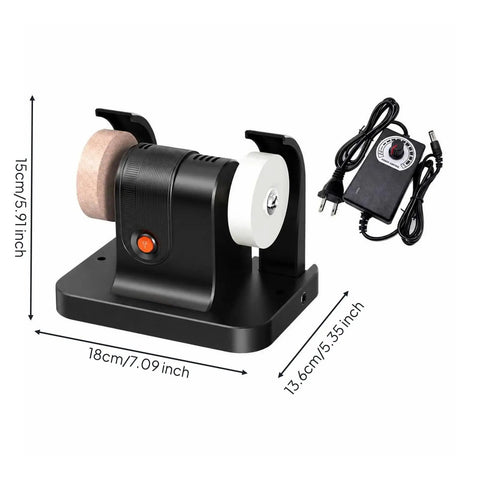 No-Nonsense Black Desktop Grinding Machine Featuring Heavy Duty Copper Motor For Robust Material Removal And Precision Sharpening Compact Bench Tool With Rock Solid Base on a workbench with dimensions.