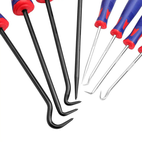 9 Piece Precision Pick And Hook Set With Scraper For Auto And Electronics, short and long hooks with ergonomic handles