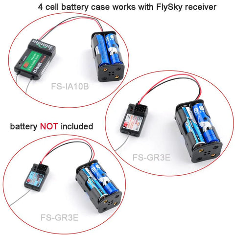4 Cell 6V AA Battery Holder Case Cover Storage Box With 2P FUT J Plug Connector For Flysky Receiver RC 9G Micro Servo Tester Pack Of 4 great for RC projects and stable power supply on the go, shown with FlySky receivers.