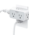 The Ultimate Eight In One Multi Plug Outlet Splitter Packs Hella Convenient Surge Protection Plus A Smooth Wall Mount Extender Hookup Featuring Fast Usb C And Usb A Charging Ports In Modern Grey Perfect For Your Dorm Room Setup Today mounted on a wall with cables.