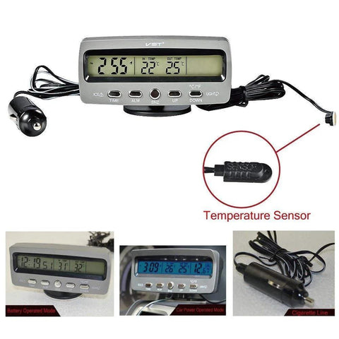 Front view of Riloer 4-in-1 LED car display with thermometer, voltmeter and clock.