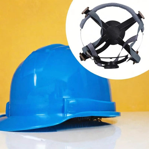 4 Point Hard Hat Replacement Suspension Kit with Shock Absorbing Liner, compatible with blue hard hat, shown installed.