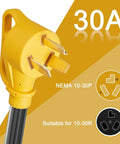 Close-up of a NEMA 10-30P plug for 25 Foot Plug And Play Electric Vehicle Charger Adapter.