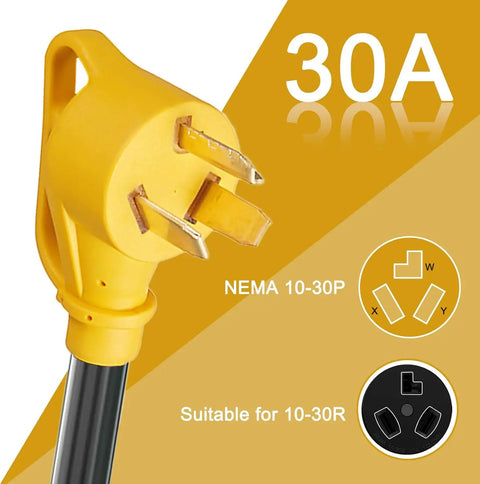 Close-up of a NEMA 10-30P plug for 25 Foot Plug And Play Electric Vehicle Charger Adapter.