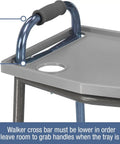 Close-up of a Walker Tray With Cup Holders For Standard And Folding Walkers, showing handles and gray tray surface.