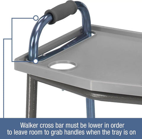 Close-up of a Walker Tray With Cup Holders For Standard And Folding Walkers, showing handles and gray tray surface.