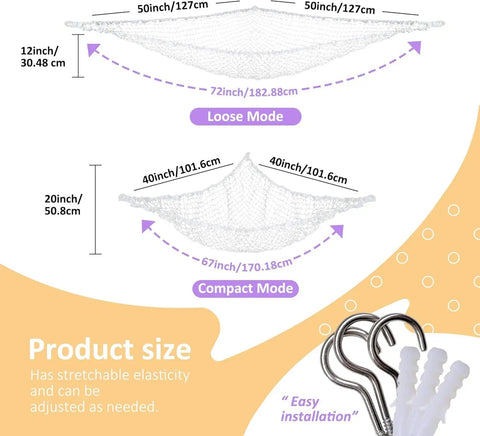 Stuffed Animal Net Hammock for Plush Toys, Corner Organizer for Kids Room Decor, with dimensions and installation tools shown.