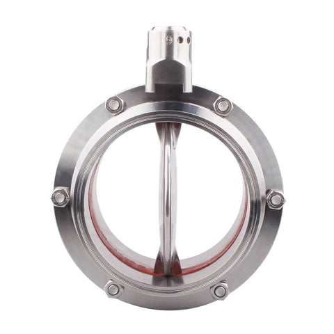 Front view of Sanitary Butterfly Valve Heavy Duty With Pull Handle For 6 Inch Tri Clamp Stainless Steel 304, durable and high pressure tested.
