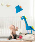 Blue Dinosaur Kids Floor Lamp With Adjustable Height From 50 Inches To Taller in nursery next to baby, fabric dino design