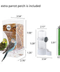 Straight Up No Drama Automatic Bird Cage Feeders And Waterers With Sturdy Perch Top Shelf, showing parrot perch, acrylic feeder, and water bottle.